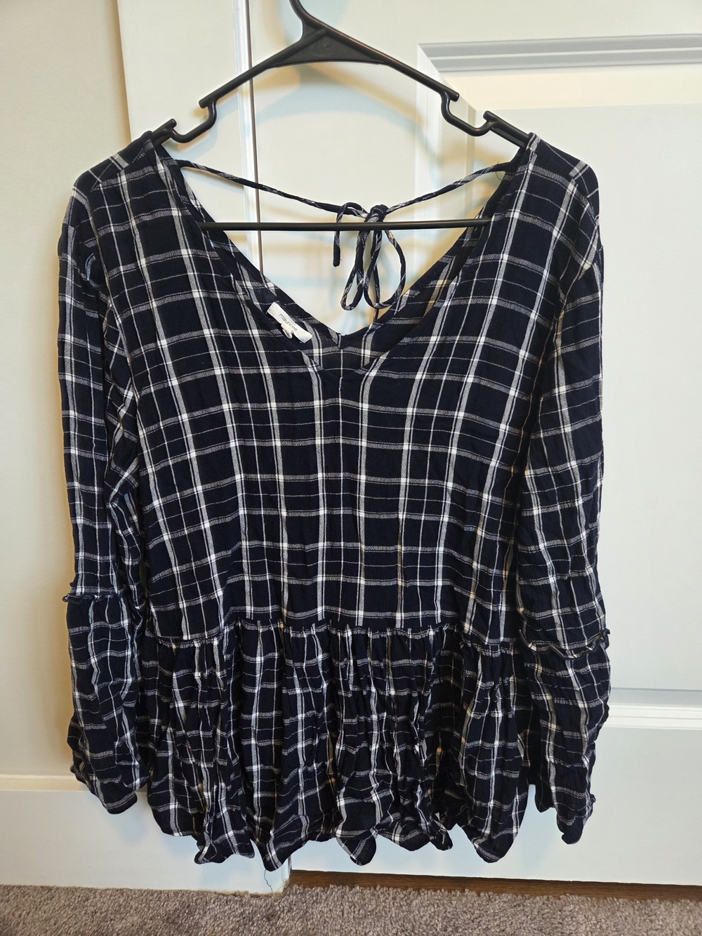Maurices Navy Blue and White Plaid Peplum Blouse